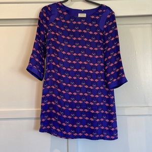 100% silk Harlan, short blue dress with pink flamingos. Size small petite